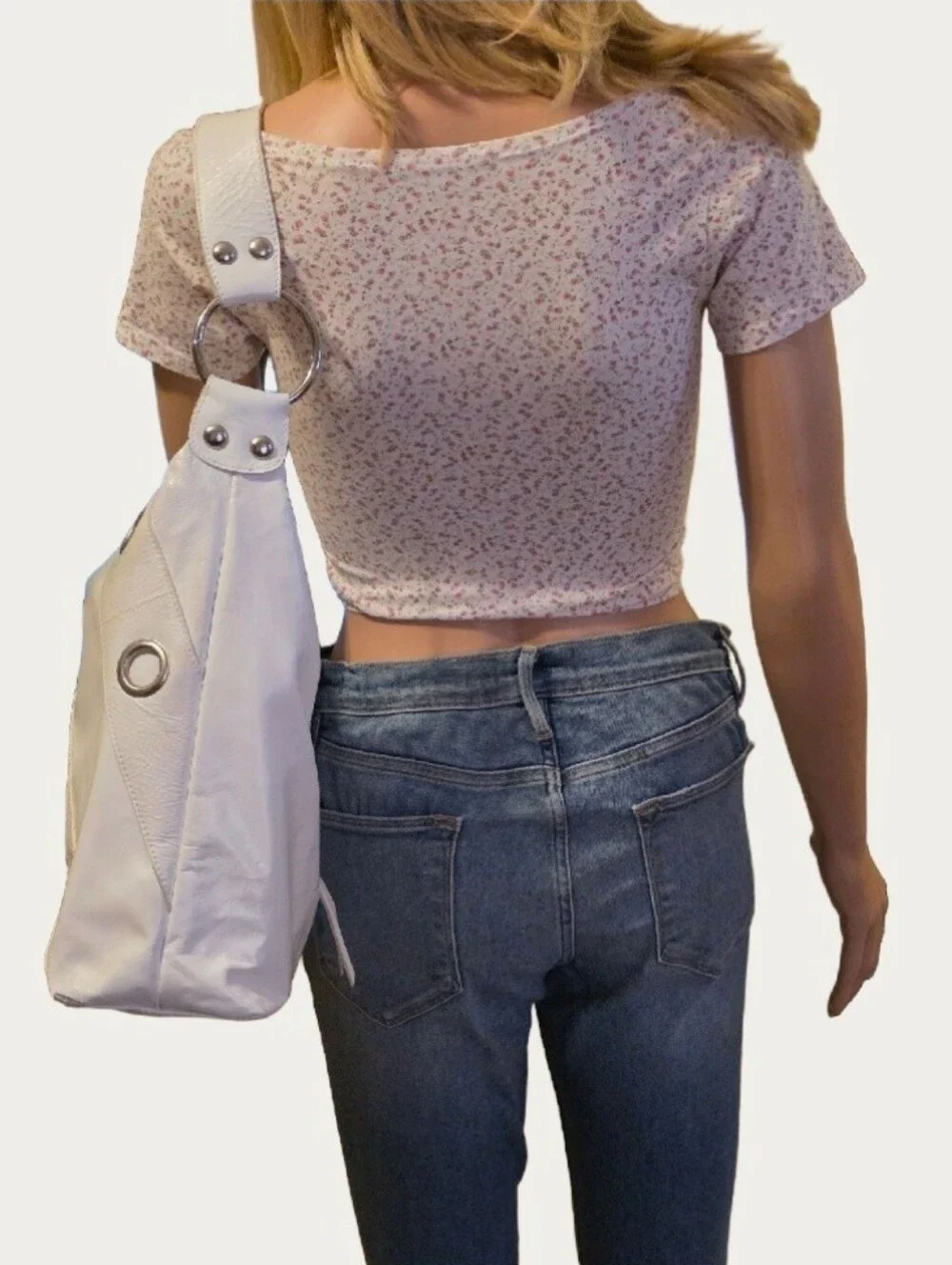 Y2K Vintage Rare Mussio DeGroot White Patent Leather Large Grommet Hobo Bag